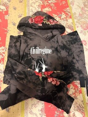 Civil Regime Black Tie-Dye Edward Scissorhands Hoodie with Red Floral Embroidery